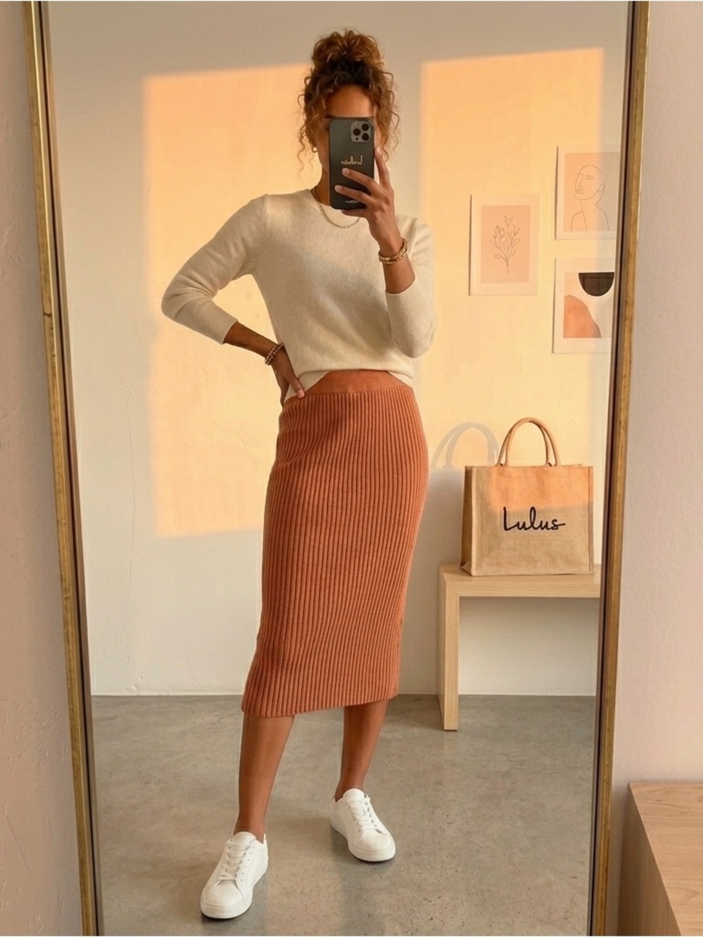 Lulus Ribbed Knit Midi Skirt S Peach Blush Sweater Pencil Skirt NWT